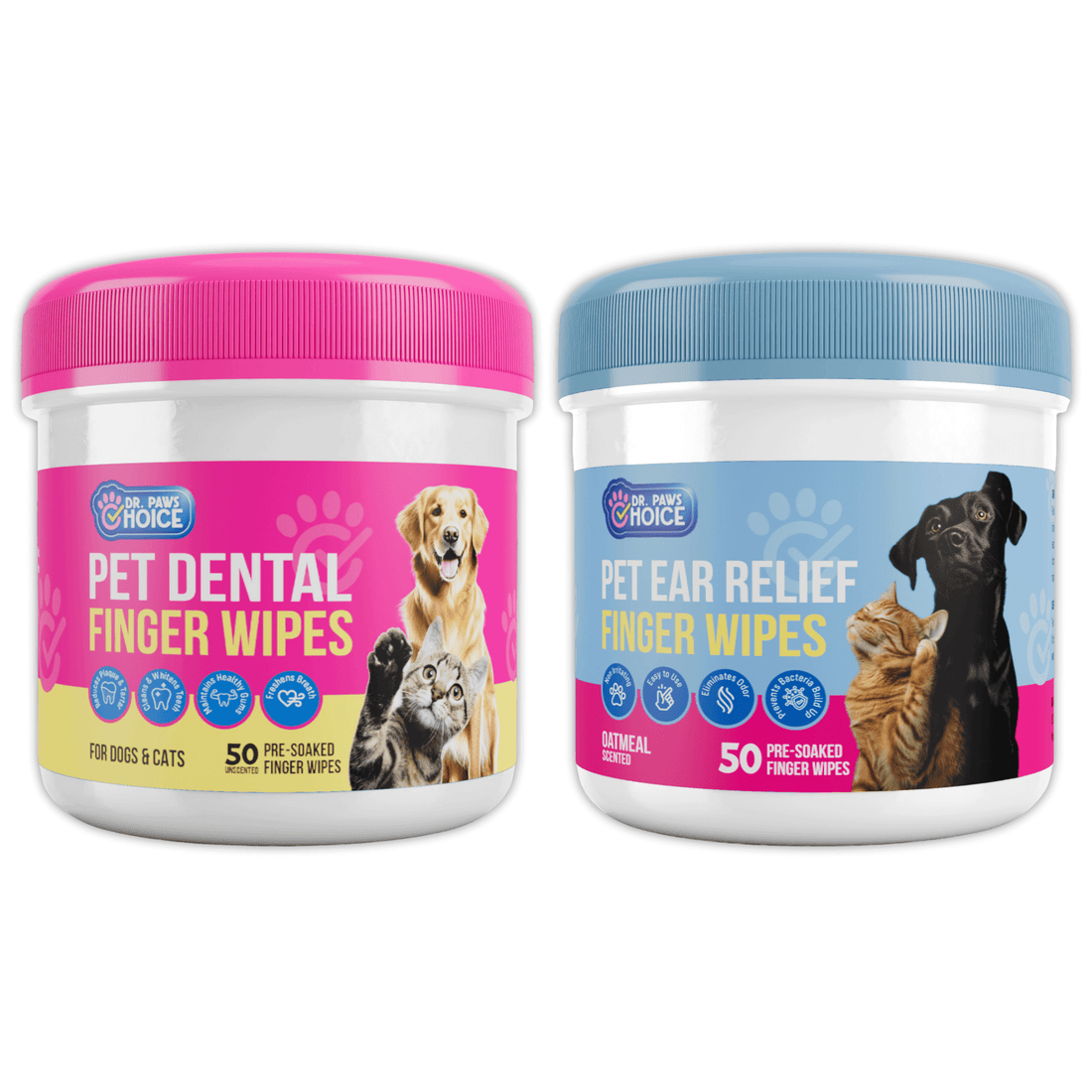 2 Pack of Pet Dental and Ear Wipes; includes unscented dental wipes and oatmeal-scented ear wipes for pets' hygiene.