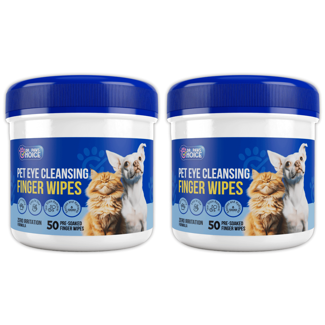 2 Pack of unscented pet eye wipes for removing dirt and tear stains on sensitive eyes, featuring a cat and dog on the label.