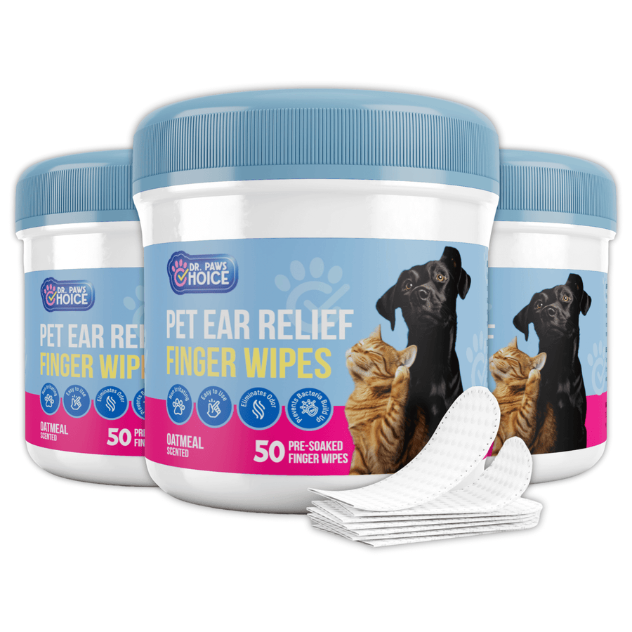 Three packs of oatmeal-scented pet ear wipes for soothing ear relief, with clean wipes displayed in front.