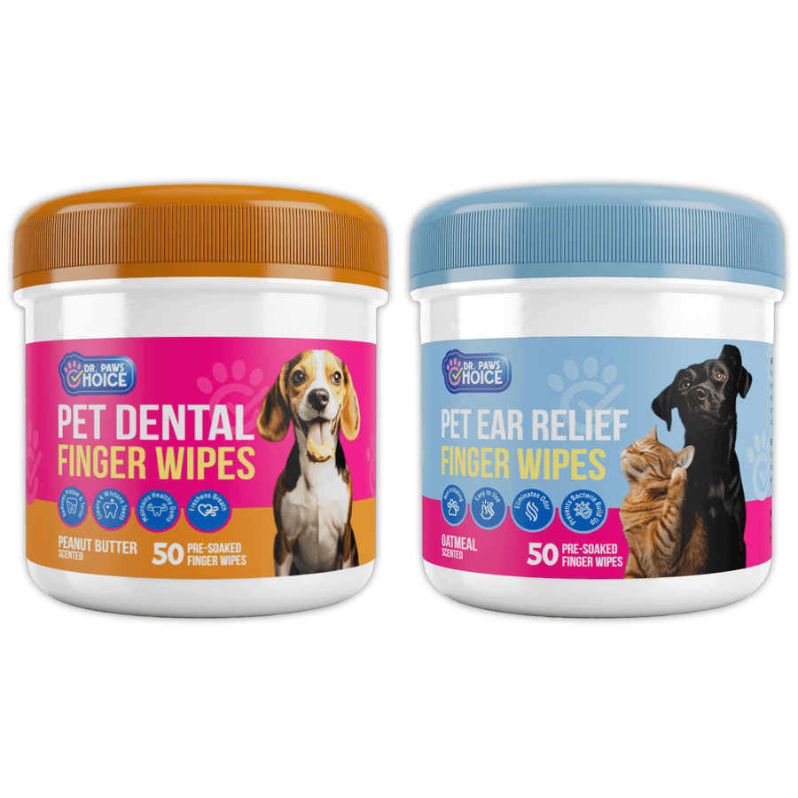 2 Pack of Pet Dental Wipes with Peanut Butter scent and Ear Wipes with Oatmeal scent for complete pet hygiene.