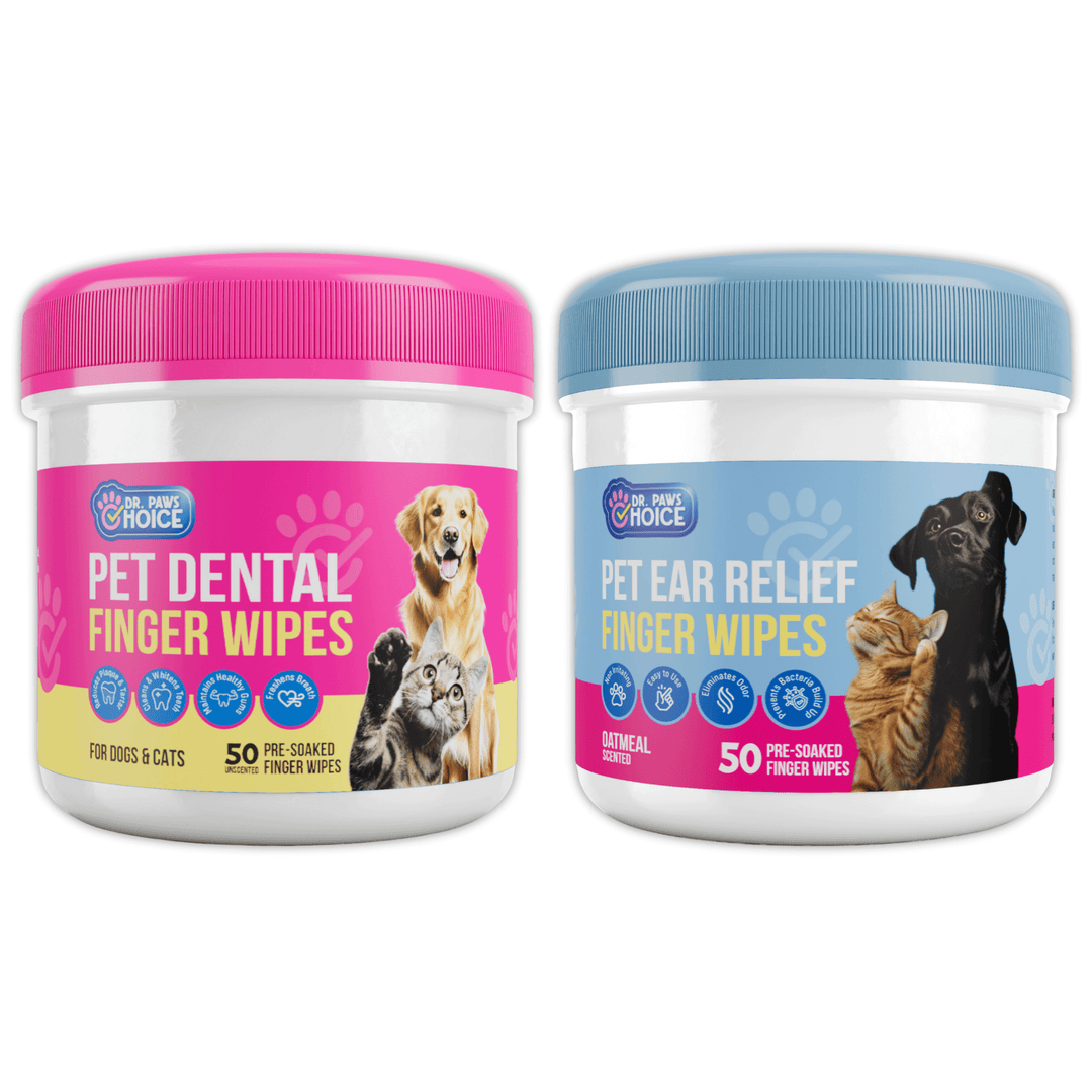 2 Pack of Pet Dental and Ear Wipes; includes unscented dental wipes and oatmeal-scented ear wipes for pets' hygiene.