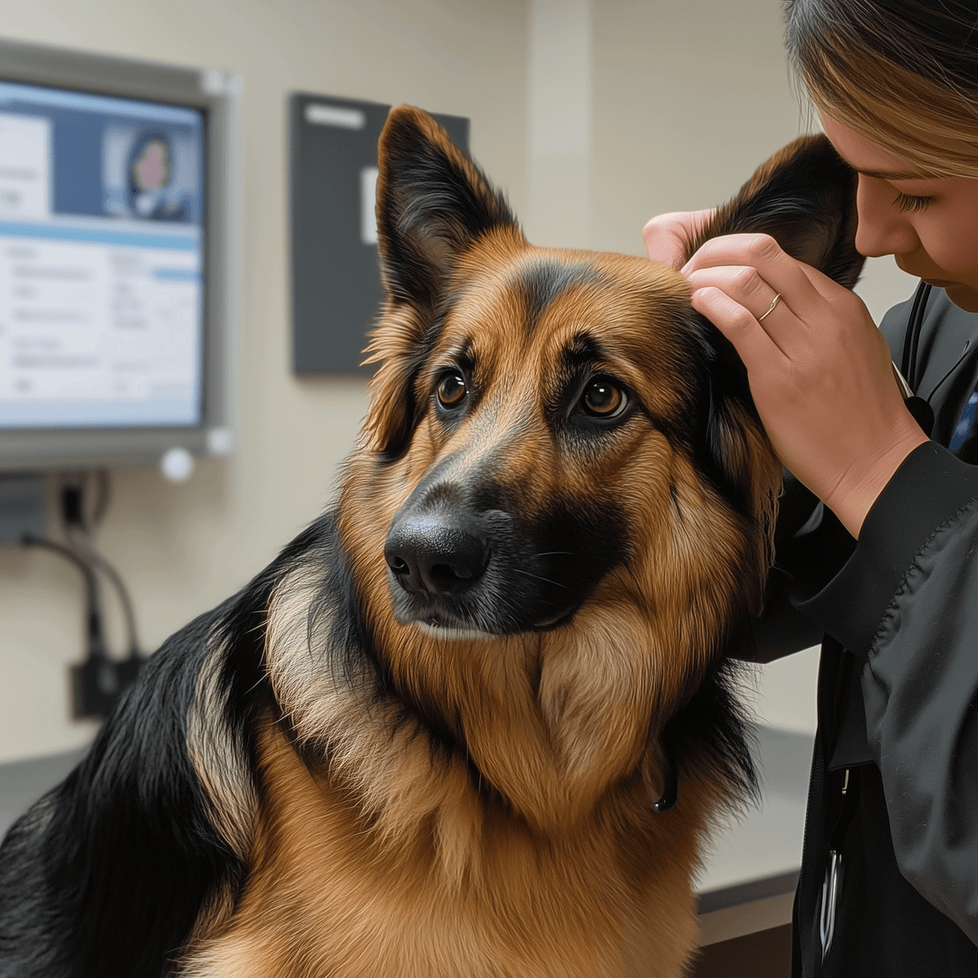 Veterinarian checking a German Shepherd's ear at a clinic, focusing on pet health and wellness.