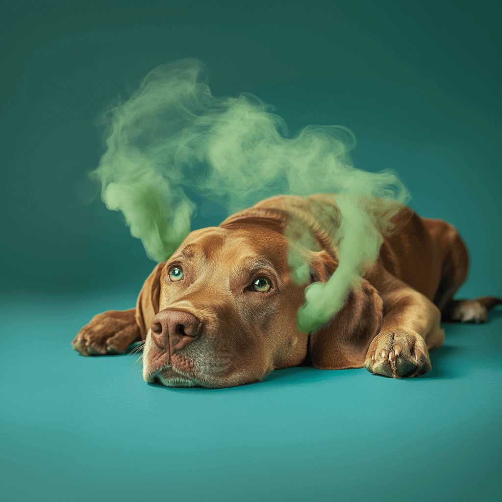 Brown dog lying on teal surface with green smoke rising around its head, creating a whimsical and surreal effect.